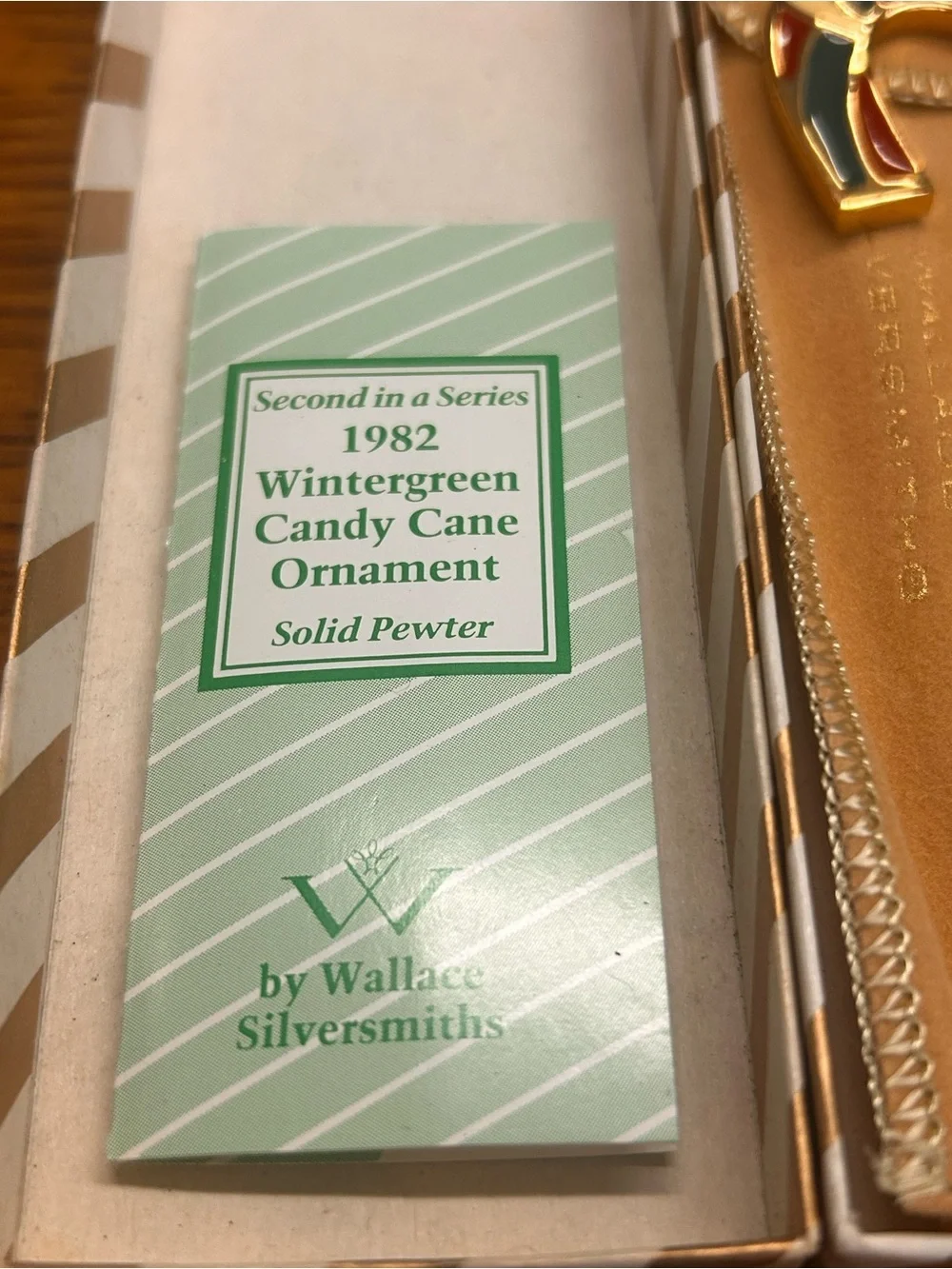 Vintage Wallace Silversmiths Wintergreen Candy Cane Ornament 1982 Pewter Box